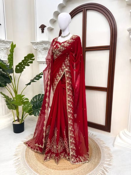 Exceptional Red Faux Georgette Saree with Intricate Thread and Sequin Work for Wedding Designer Wedding Sarees Wholesale