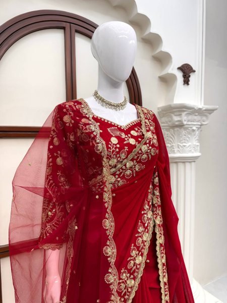 Exceptional Red Faux Georgette Saree with Intricate Thread and Sequin Work for Wedding Designer Wedding Sarees Wholesale