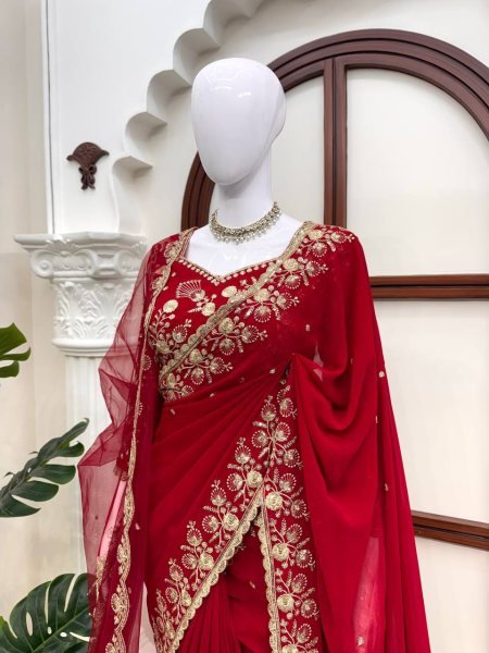 Exceptional Red Faux Georgette Saree with Intricate Thread and Sequin Work for Wedding Designer Wedding Sarees Wholesale