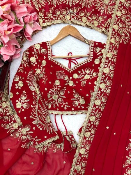 Exceptional Red Faux Georgette Saree with Intricate Thread and Sequin Work for Wedding Designer Wedding Sarees Wholesale
