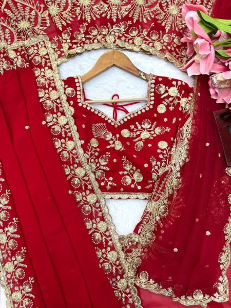 Exceptional Red Faux Georgette Saree with Intricate Thread and Sequin Work for Wedding Designer Wedding Sarees Wholesale