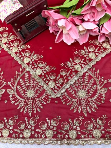 Exceptional Red Faux Georgette Saree with Intricate Thread and Sequin Work for Wedding Designer Wedding Sarees Wholesale