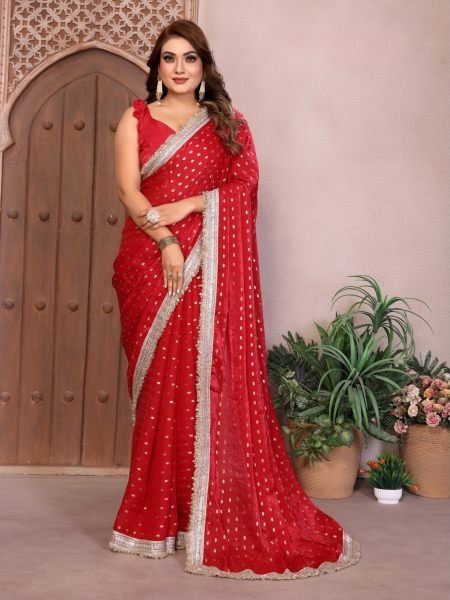 Exceptional Red Fendi Satin Silk Saree with Foil Work and Matching Silk Blouse For Festival Collection 