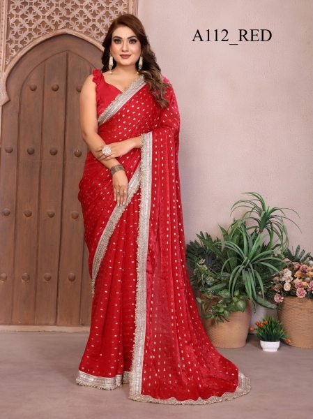 Exceptional Red Fendi Satin Silk Saree with Foil Work and Matching Silk Blouse For Festival Collection Silk Sarees Wholesale