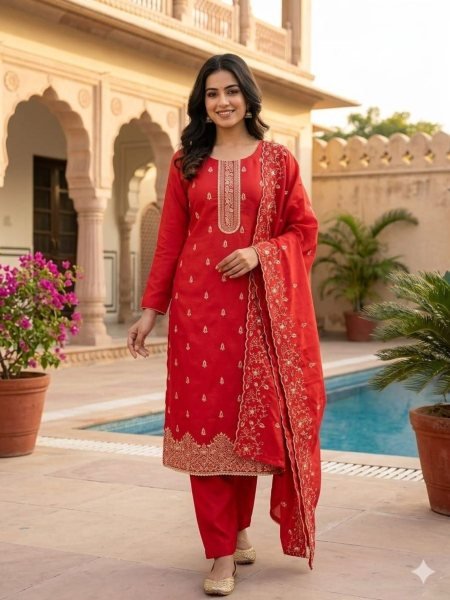 Exceptional Red Jalpari Silk Dress Material with Heavy Embroidery Detailing Dress Material 