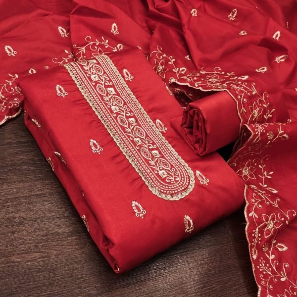 Exceptional Red Jalpari Silk Dress Material with Heavy Embroidery Detailing Color Set Matching Dress Material Wholesale