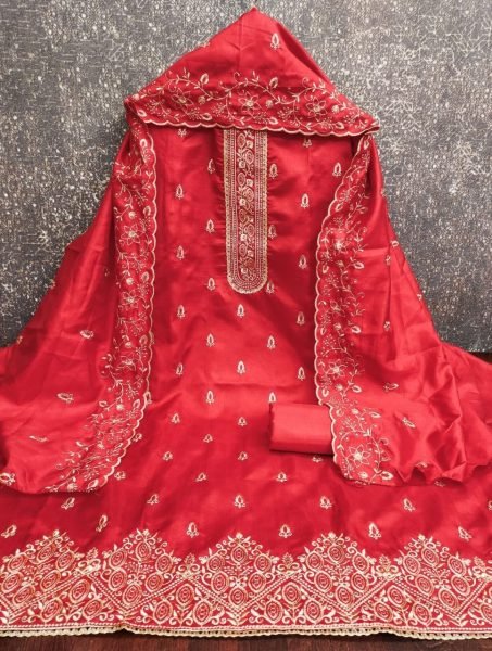 Exceptional Red Jalpari Silk Dress Material with Heavy Embroidery Detailing Color Set Matching Dress Material Wholesale