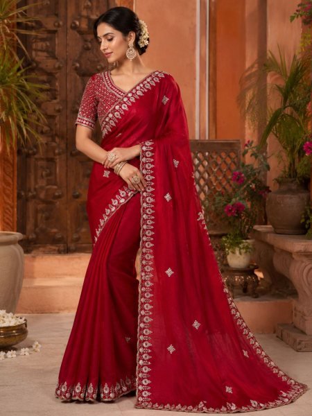 Exceptional Red Women Luxury Saree with Real Beads Embellishment 