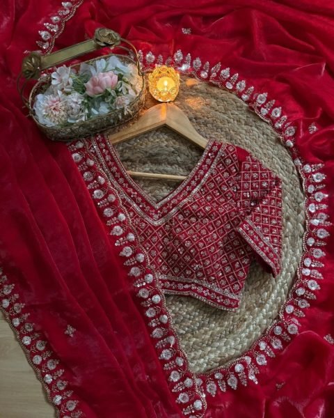 Exceptional Red Women Luxury Saree with Real Beads Embellishment Designer Wedding Sarees Wholesale