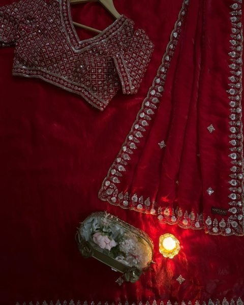 Exceptional Red Women Luxury Saree with Real Beads Embellishment Designer Wedding Sarees Wholesale