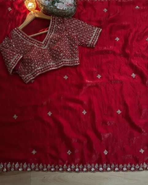 Exceptional Red Women Luxury Saree with Real Beads Embellishment Designer Wedding Sarees Wholesale