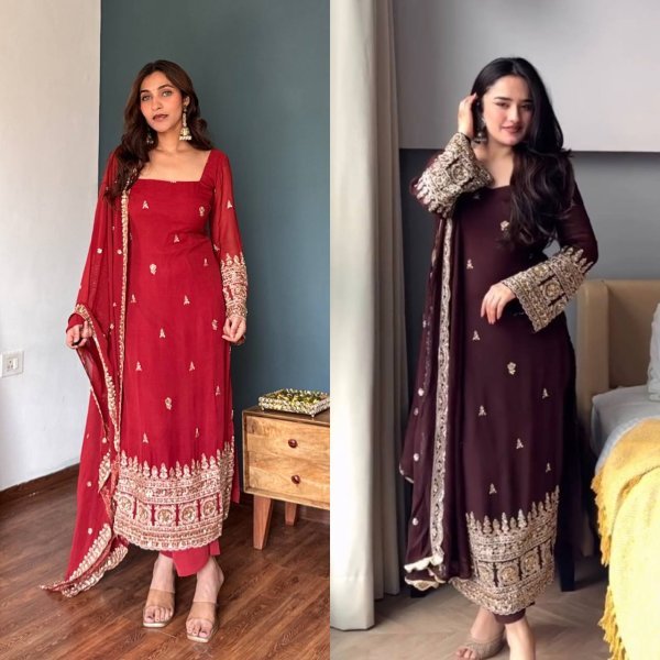 Exceptional Red Women s Heavy Faux Georgette Kurta Pant Dupatta Set with Embroidery Ready To Wear Collection