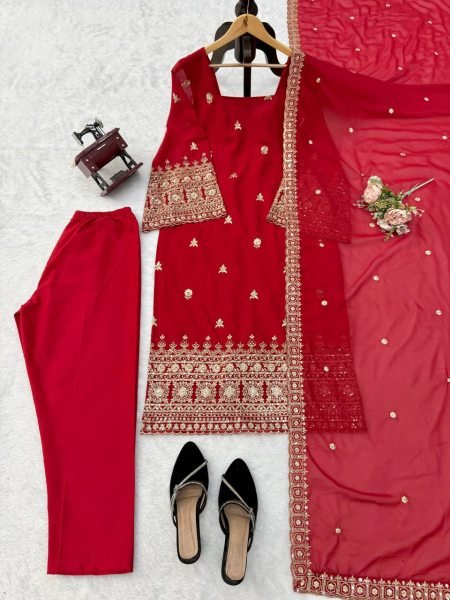 Exceptional Red Women s Heavy Faux Georgette Kurta Pant Dupatta Set with Embroidery Ready To Wear Collection