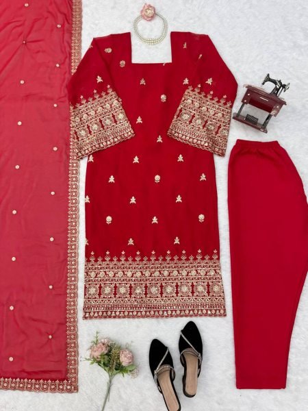 Exceptional Red Women s Heavy Faux Georgette Kurta Pant Dupatta Set with Embroidery Ready To Wear Collection