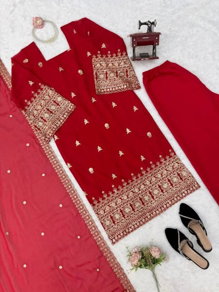 Exceptional Red Women s Heavy Faux Georgette Kurta Pant Dupatta Set with Embroidery Ready To Wear Collection