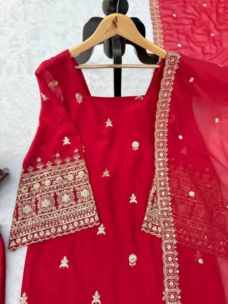 Exceptional Red Women s Heavy Faux Georgette Kurta Pant Dupatta Set with Embroidery Ready To Wear Collection