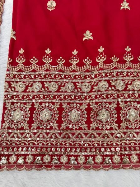 Exceptional Red Women s Heavy Faux Georgette Kurta Pant Dupatta Set with Embroidery Ready To Wear Collection