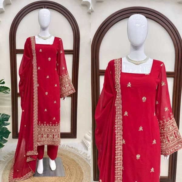 Exceptional Red Women s Heavy Faux Georgette Kurta Pant Dupatta Set with Embroidery Ready To Wear Collection