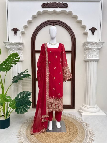 Exceptional Red Women s Heavy Faux Georgette Kurta Pant Dupatta Set with Embroidery Ready To Wear Collection