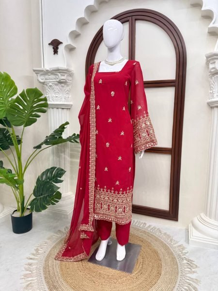 Exceptional Red Women s Heavy Faux Georgette Kurta Pant Dupatta Set with Embroidery Ready To Wear Collection