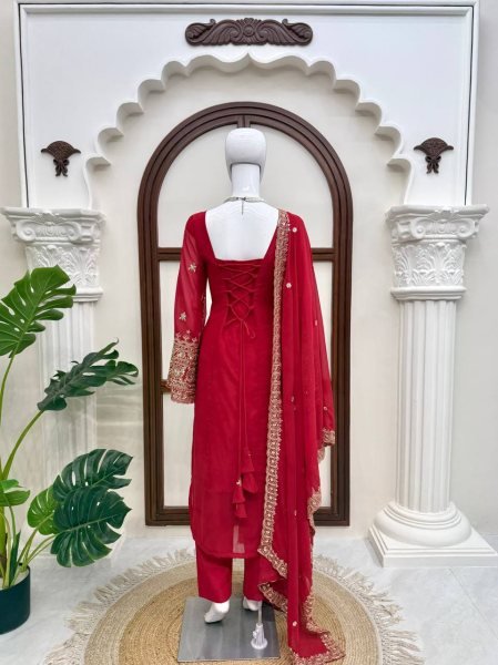 Exceptional Red Women s Heavy Faux Georgette Kurta Pant Dupatta Set with Embroidery Ready To Wear Collection