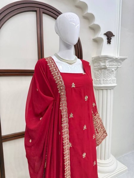Exceptional Red Women s Heavy Faux Georgette Kurta Pant Dupatta Set with Embroidery Ready To Wear Collection