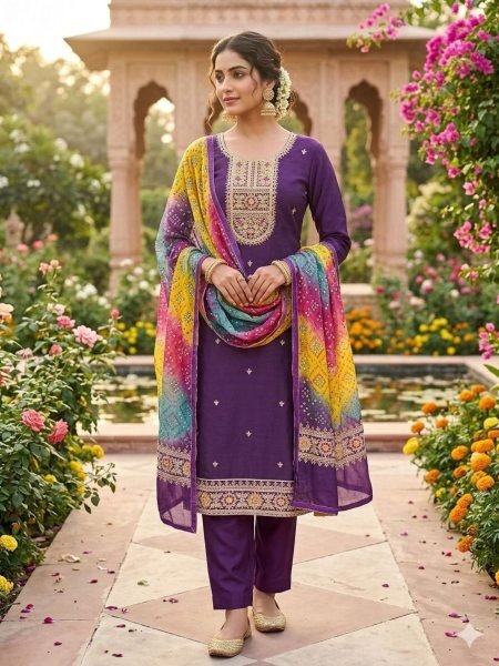 Exceptional Royal Purple Unstitched Pure Roman Silk Salwar Suit Material for Traditional Wear 
