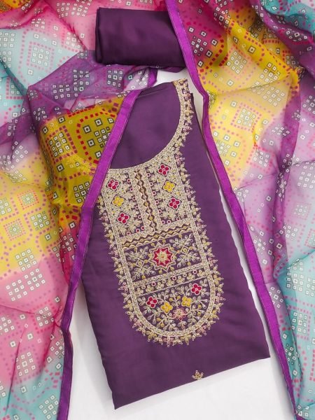 Exceptional Royal Purple Unstitched Pure Roman Silk Salwar Suit Material for Traditional Wear Color Set Matching Dress Material Wholesale