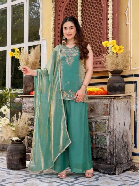 Exceptional Sea Green Boutique Quality Fendy Satin Kurti Palazzo Set with Elegant Bits Work 