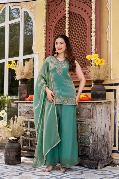 Exceptional Sea Green Boutique Quality Fendy Satin Kurti Palazzo Set with Elegant Bits Work Embroidery Kurtis 