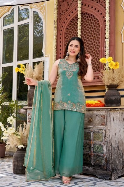 Exceptional Sea Green Boutique Quality Fendy Satin Kurti Palazzo Set with Elegant Bits Work Embroidery Kurtis 