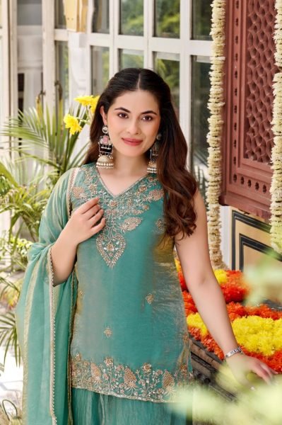 Exceptional Sea Green Boutique Quality Fendy Satin Kurti Palazzo Set with Elegant Bits Work Embroidery Kurtis 