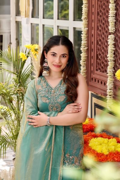 Exceptional Sea Green Boutique Quality Fendy Satin Kurti Palazzo Set with Elegant Bits Work Embroidery Kurtis 