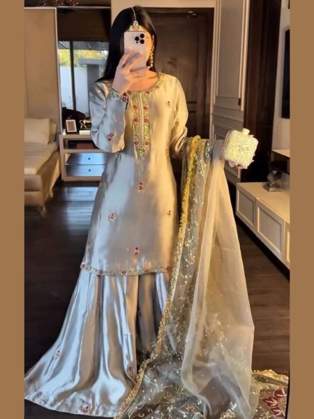 Exceptional Silver Designer Zapan Satin Silk Palazzo Set with Sequins Work for Party Wear Ready To Wear Suit