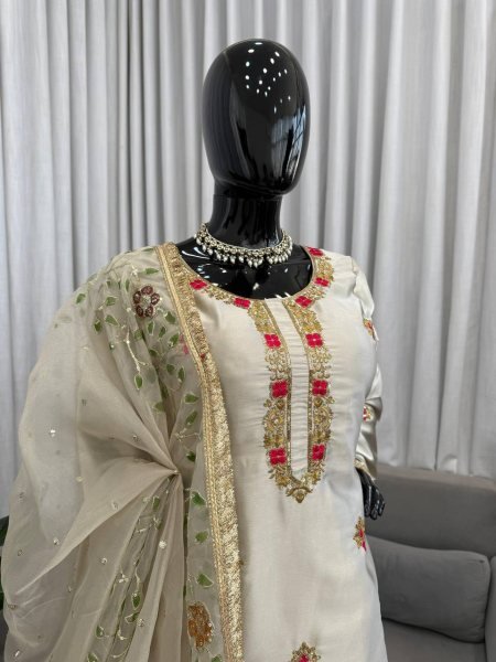 Exceptional Silver Designer Zapan Satin Silk Palazzo Set with Sequins Work for Party Wear Ready To Wear Collection