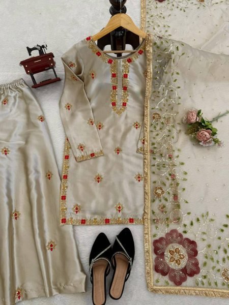Exceptional Silver Designer Zapan Satin Silk Palazzo Set with Sequins Work for Party Wear Ready To Wear Collection