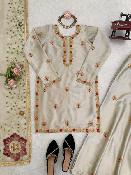 Exceptional Silver Designer Zapan Satin Silk Palazzo Set with Sequins Work for Party Wear Ready To Wear Collection