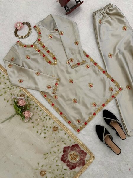 Exceptional Silver Designer Zapan Satin Silk Palazzo Set with Sequins Work for Party Wear Ready To Wear Collection