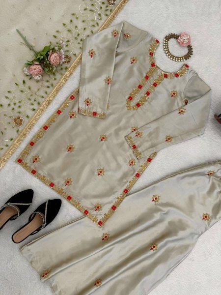 Exceptional Silver Designer Zapan Satin Silk Palazzo Set with Sequins Work for Party Wear Ready To Wear Collection