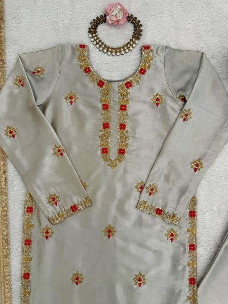 Exceptional Silver Designer Zapan Satin Silk Palazzo Set with Sequins Work for Party Wear Ready To Wear Collection
