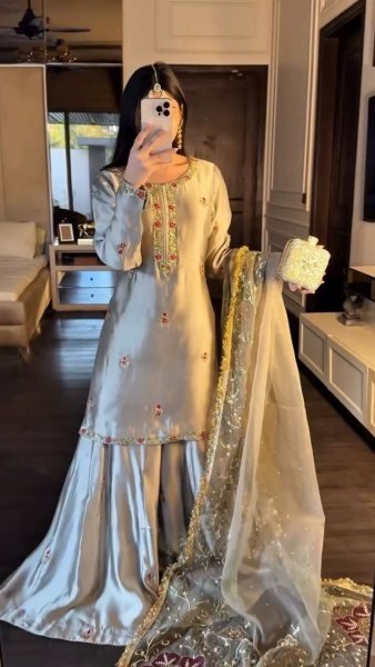 Exceptional Silver Designer Zapan Satin Silk Palazzo Set with Sequins Work for Party Wear Ready To Wear Collection
