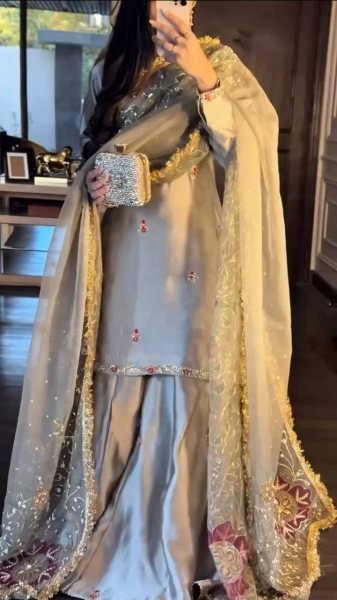 Exceptional Silver Designer Zapan Satin Silk Palazzo Set with Sequins Work for Party Wear Ready To Wear Collection