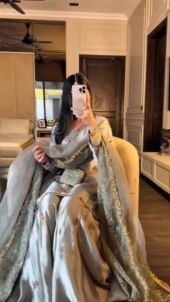 Exceptional Silver Designer Zapan Satin Silk Palazzo Set with Sequins Work for Party Wear Ready To Wear Collection