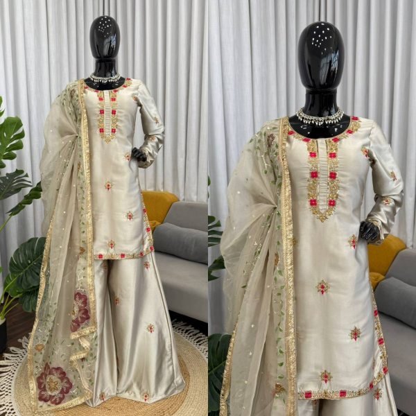 Exceptional Silver Designer Zapan Satin Silk Palazzo Set with Sequins Work for Party Wear Ready To Wear Collection