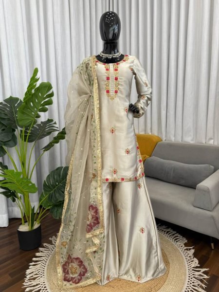 Exceptional Silver Designer Zapan Satin Silk Palazzo Set with Sequins Work for Party Wear Ready To Wear Collection