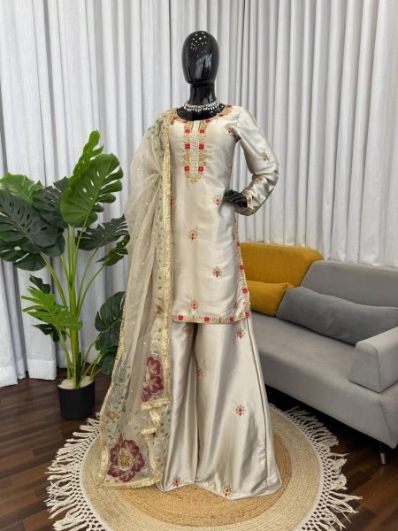 Exceptional Silver Designer Zapan Satin Silk Palazzo Set with Sequins Work for Party Wear Ready To Wear Collection