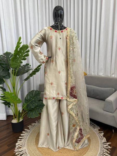 Exceptional Silver Designer Zapan Satin Silk Palazzo Set with Sequins Work for Party Wear Ready To Wear Collection