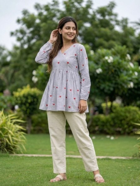 Exceptional Sky Blue Cotton Co Ord Set with Frill Stitch Design at Manufacturer Rate Kurtis