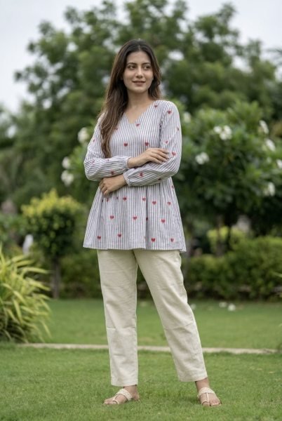 Exceptional Sky Blue Cotton Co Ord Set with Frill Stitch Design at Manufacturer Rate Tunics kurti