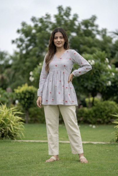 Exceptional Sky Blue Cotton Co Ord Set with Frill Stitch Design at Manufacturer Rate Tunics kurti